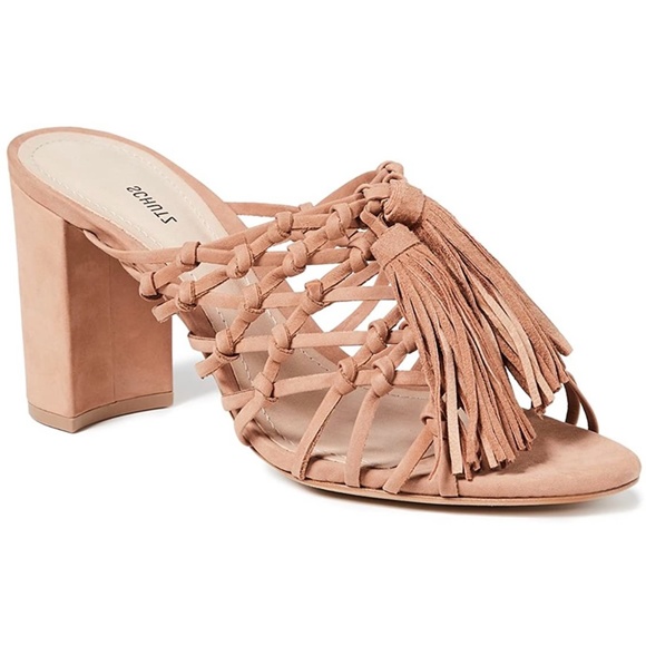 SCHUTZ Shoes - Schutz Emily Tan Suede Tassel Mule Sandal Heels